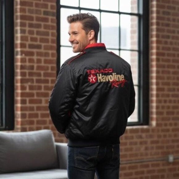Texaco Havoline Racing Satin Jacket Vintage Black Embroidered Lined Mens Size M - Picture 2 of 12